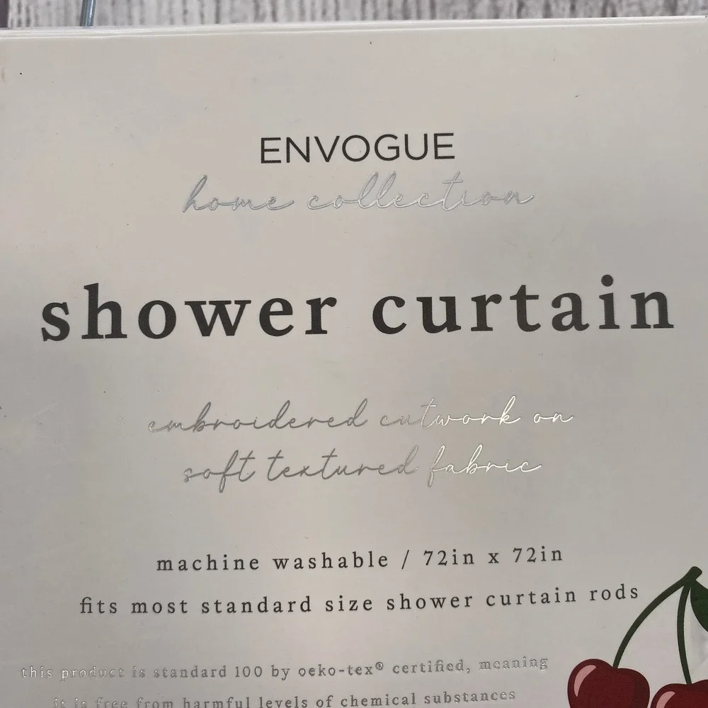 Envogue Shower Curtain Blue White Stripe Red Cherry Embroidered Whimsical Fruit